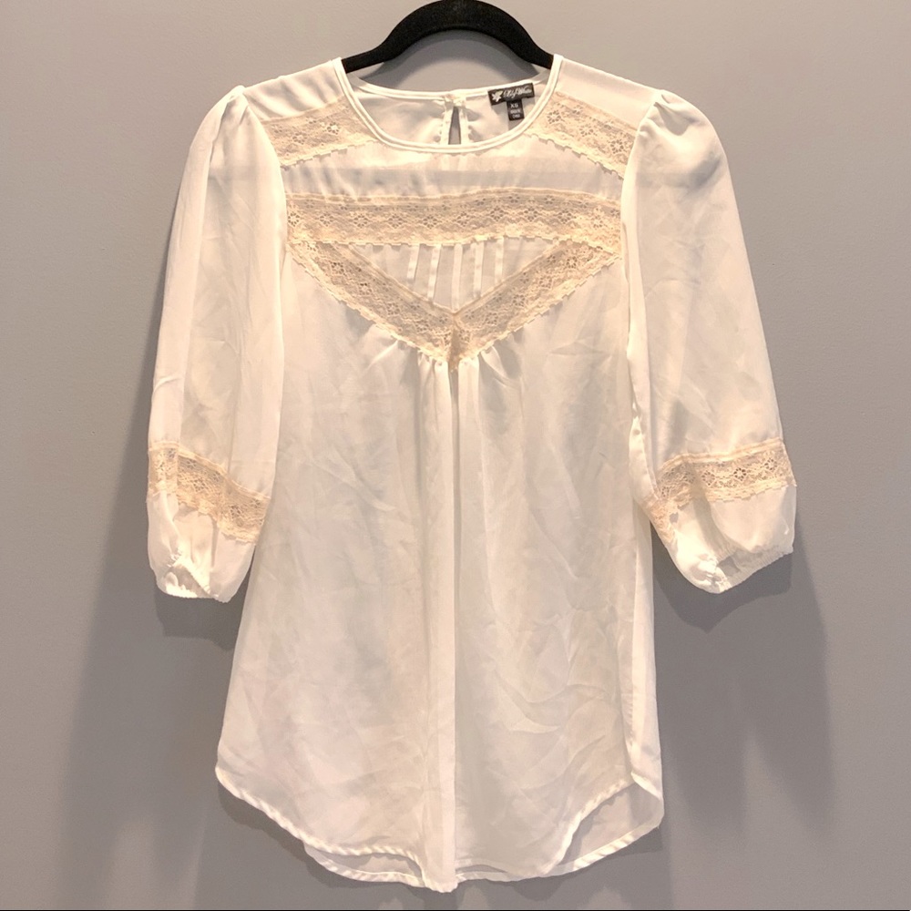 Lily White Sheer Cream Blouse with Lace Detailing